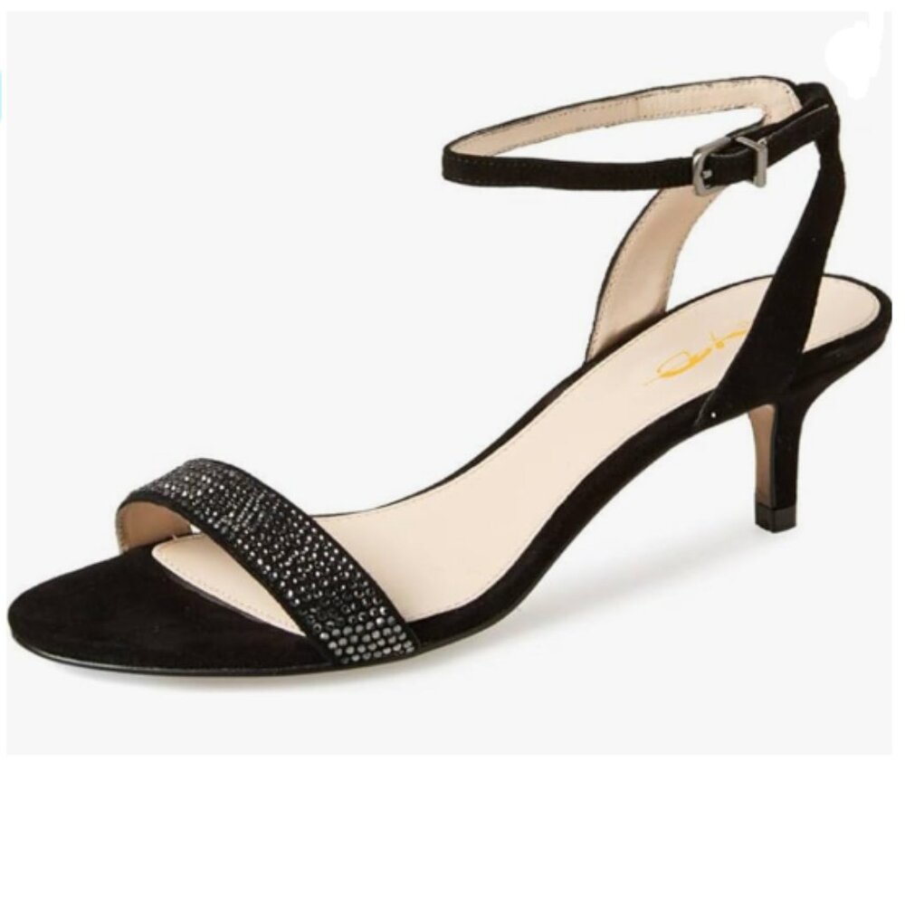 XYD Black Open Toe Ankle Strap Sandal Kitten Heel Rhinestones Studded Shoes
